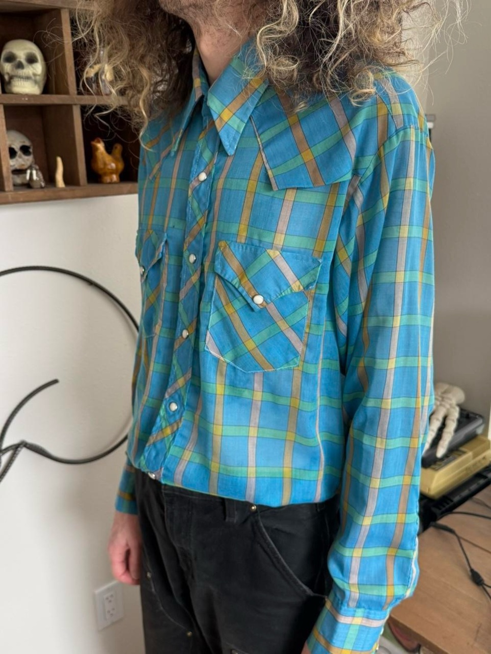 💀 SOLD 💀 Vintage 60s 70s Blue Plaid Pearl Snap Western Ely Plains ~ Size XL - Picture 2 of 8